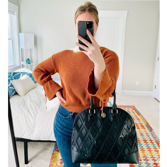 Tory Burch Robinson Logo Monogram Leather Dome Tote Shoulder Bag Black Gold - Picture 2 of 14